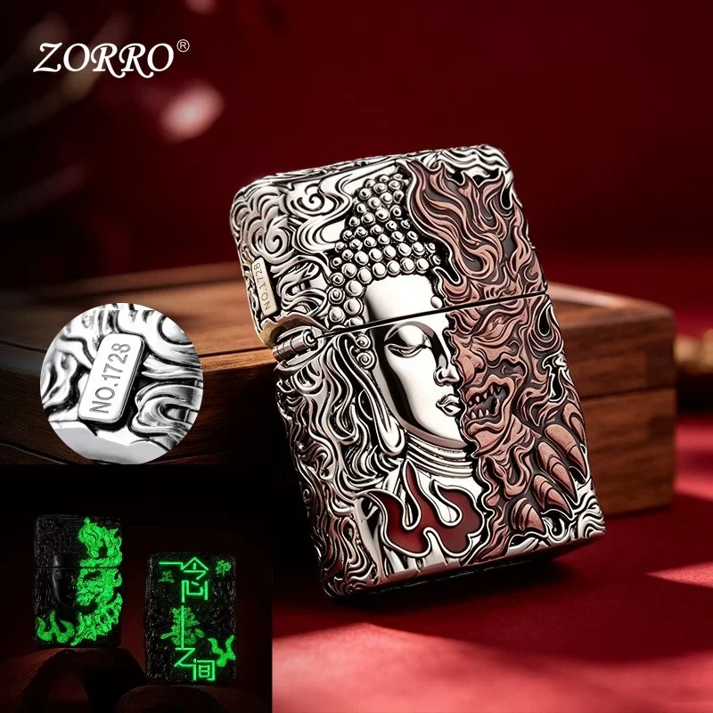 2027 ZORRO Kerosine Lighter, Creative Embossed Buddha-Demon Split Thought Heavy Armor Glow-in-the-Dark Lighter