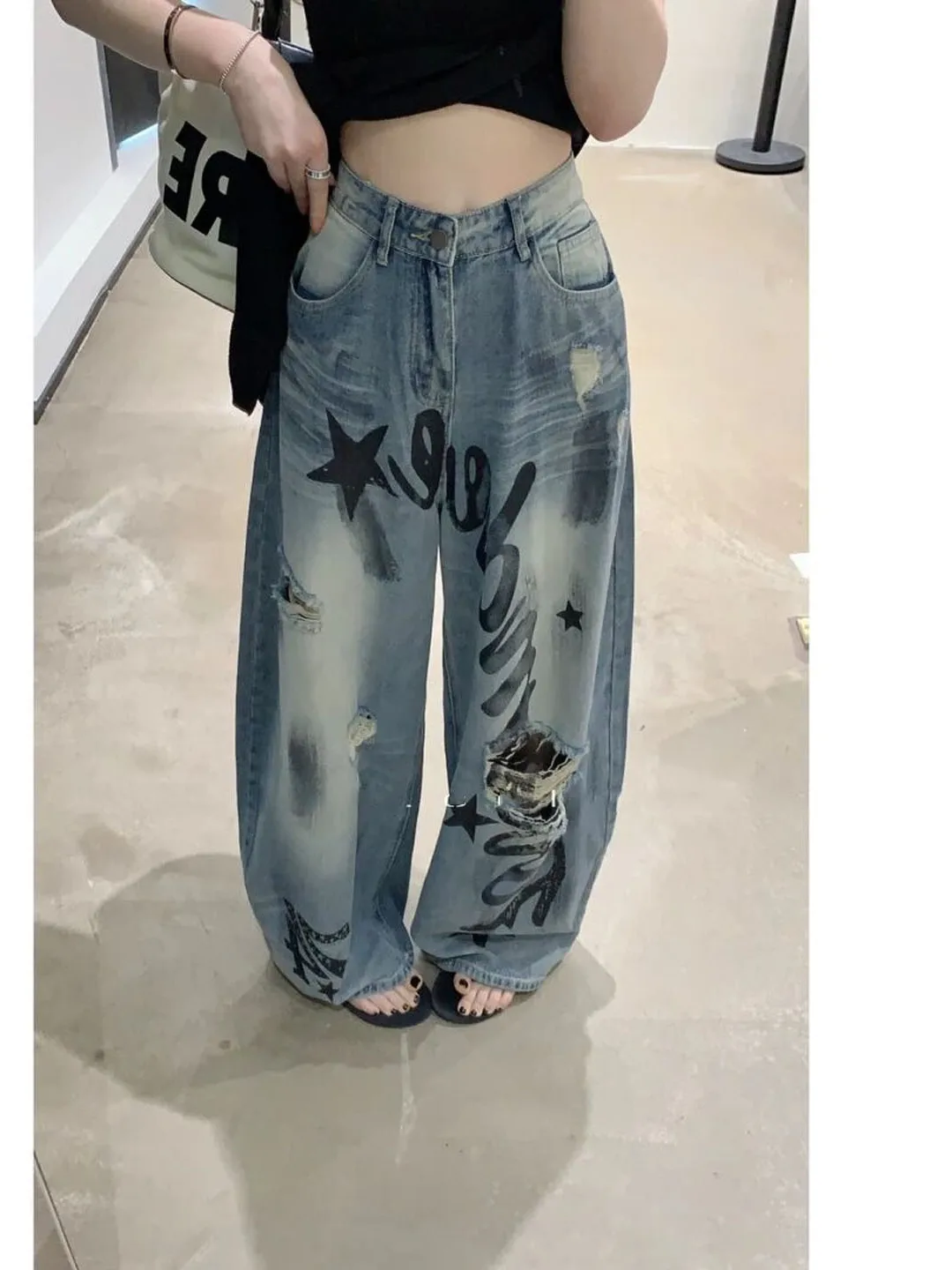 American Style High Waist Loose Casual Long Jeans Women's Summer New Graffiti Water Washed Wide Leg Pants Blue Denim