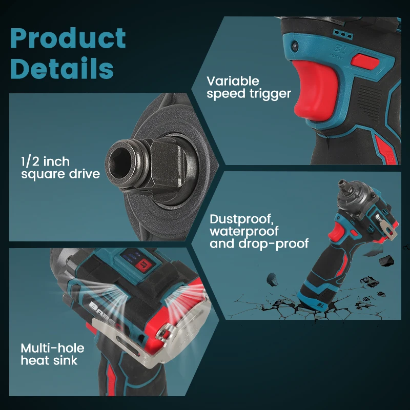 600N.M Brushless Electric Impact Wrench 1/2 Inch Dual Use Cordless Wrench Screwdriver Household Power Tools for 16.8V Battery - Image 4