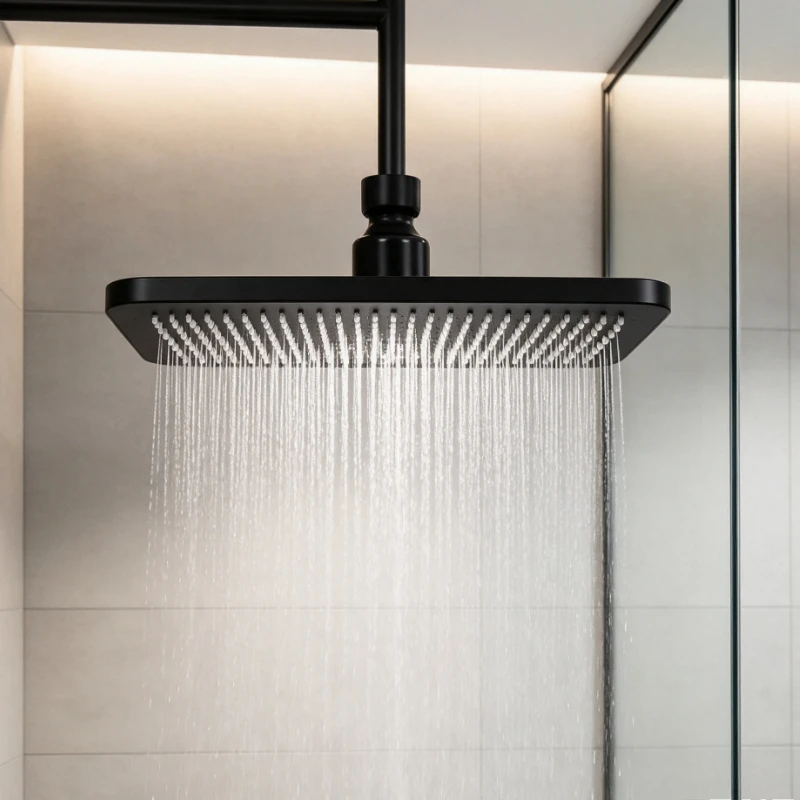 Pommeau de douche rond noir en acier inoxydable, plusieurs options de taille, finition noir mat lisse, grande surface de sortie d'eau, débit d'eau doux et uniforme, accessoire de salle de bain moderne, idéal pour la salle de bain à domicile, la rénovation des salles de bain d'hôtels et d'appartements.