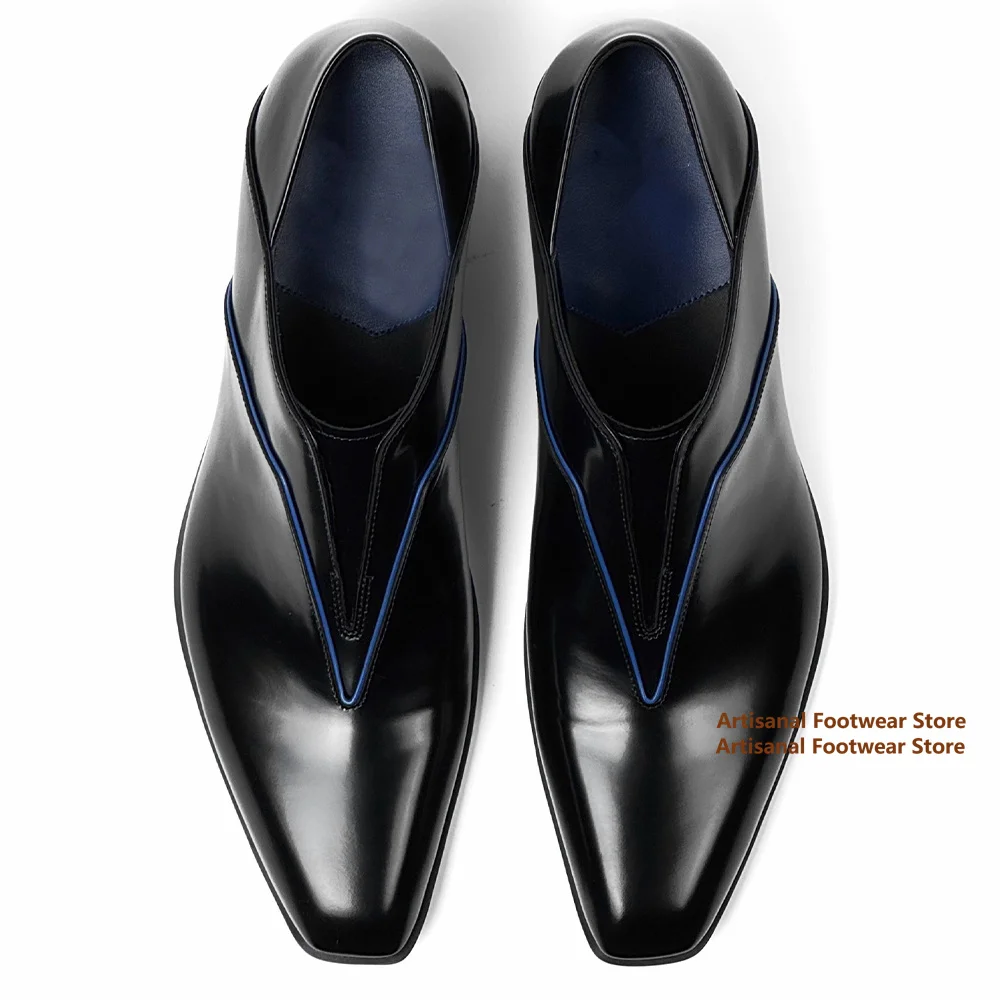 Men Black Polished Leather Loafers Slip On Low Block Heel Casuals Shoes Luxury Designer Dress Formal Shoes Trendy Men's Shoes