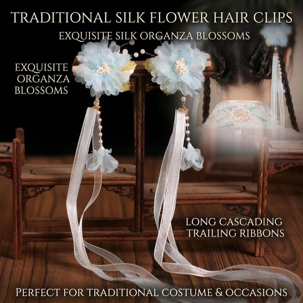 Chiffon-Blumen-Haarspangen, chinesische Hanfu-Haaraccessoires für Frauen, 2 Stück, rosa/blau, florale Quasten-Haarnadel, Retro-Perlen-Haarspangen – Detail 1