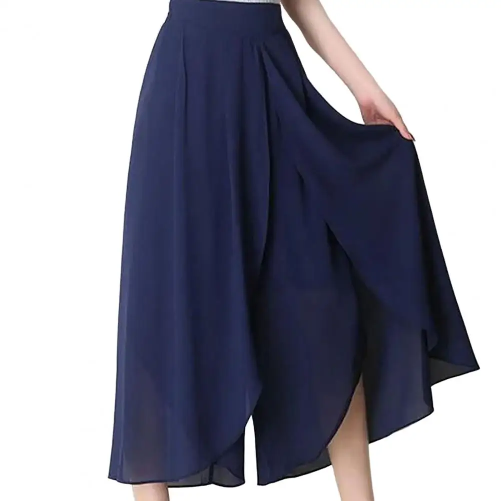 

Skirt Pants Women See-through Chiffon Double Layers Split Hem High Elastic Waist Solid Color Loose Wide Leg Cropped Pants