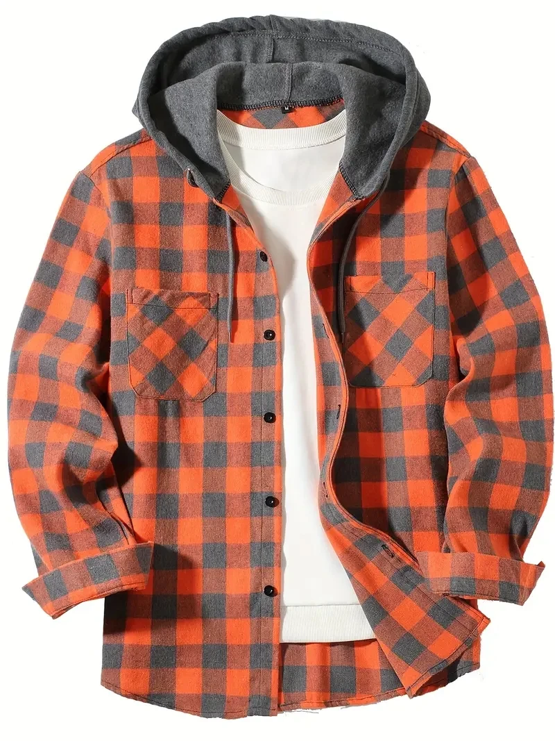 Youth Fashion Street Hooded Plaid Shirt Men\'s Slim Fit Long Sleeved Shirt Couple Travel Casual Shirt Men\'s Sports Shirt Jacket