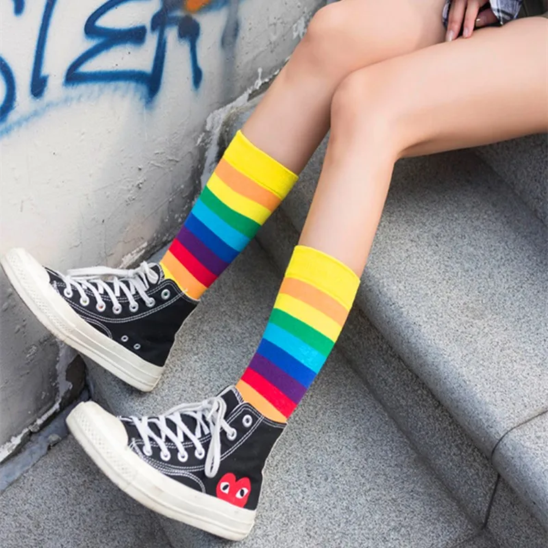 Fashion Cotton Elasticity Sweat Women Long Socks Candy HAPPY Rainbow Striped Spring Girls Crew Lady Harajuku Christmas Lovely