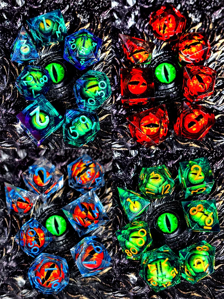 DnD Dice Set - 7-Piece Resin Dice with Spinning Dragon Eye Core, Transparent Base Red Lettering for Tabletop RPG and Board Games