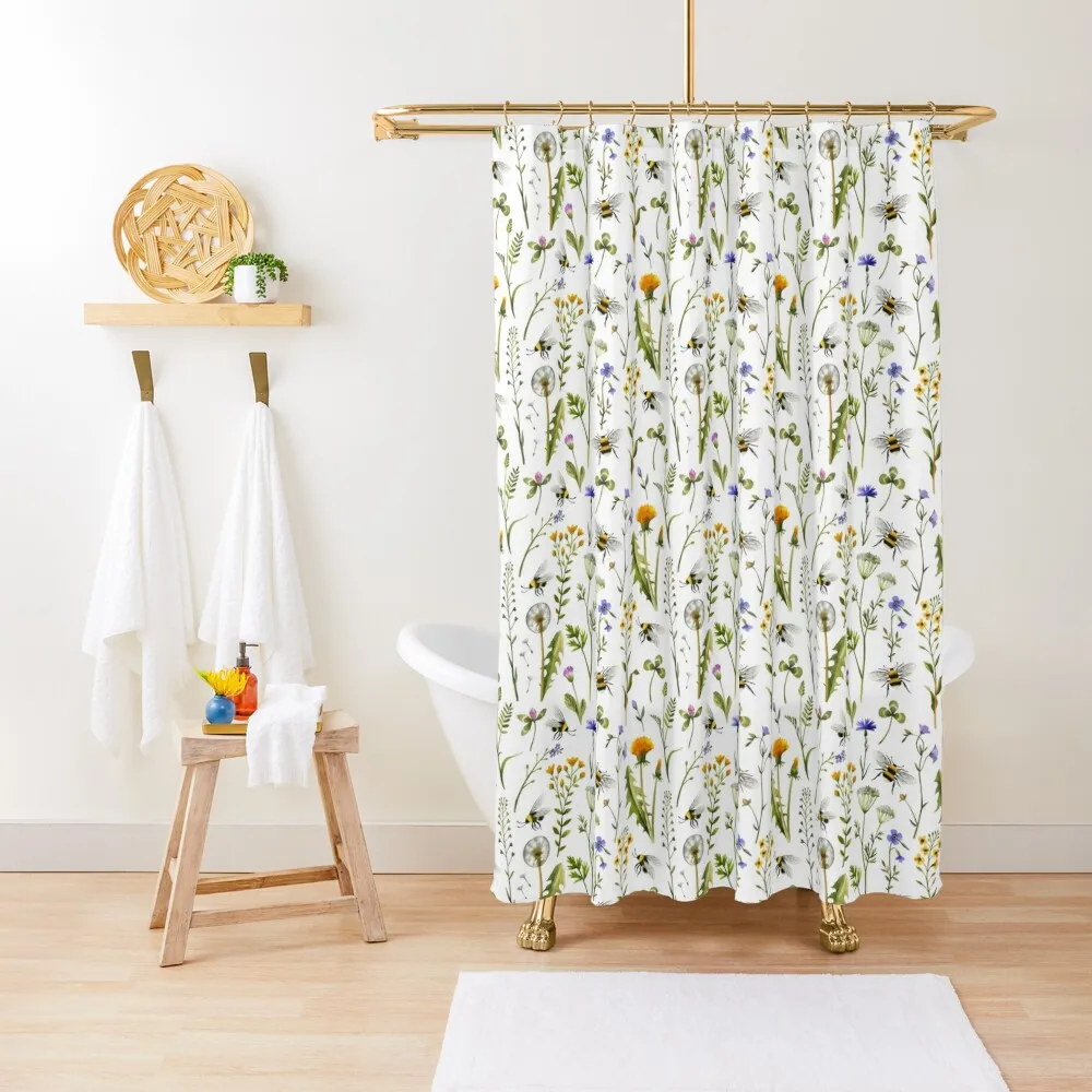 

Bees and wildflowers on white Shower Curtain Shower Sets For Bathroom For Bathroom Luxury Bathroom Shower Curtain