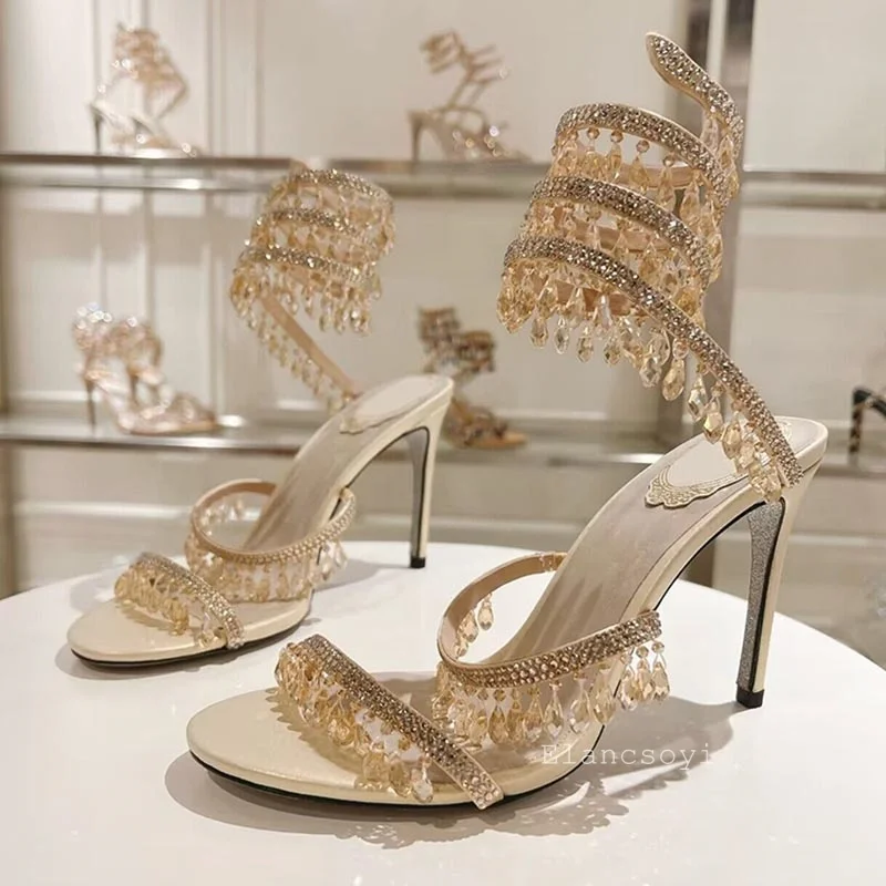Wedding Shoes Women's Bling Crystal String Bead Decor Sandalias Snake Shaped Winding Thin High Heels Sandals Summer Dress Shoes