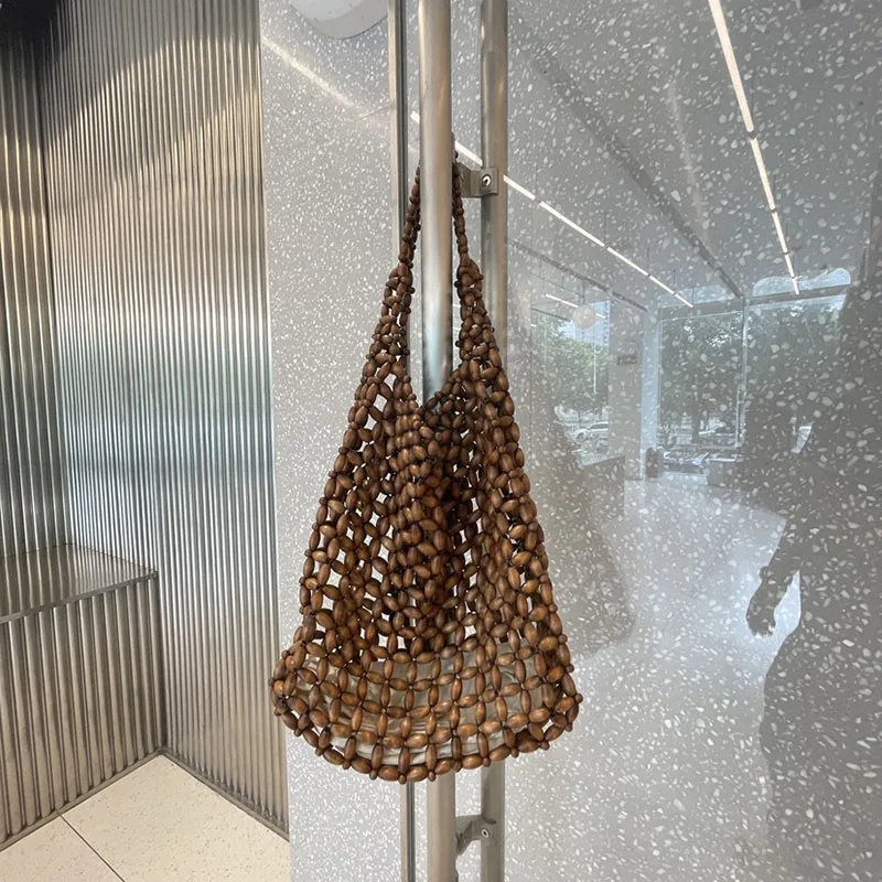 

Винтажная плетеная сумка-ведро ручной работы из деревянных бусин с двойными бамбуковыми ручками, большая вместимость, для повседневного использования, женская клатч-сумка