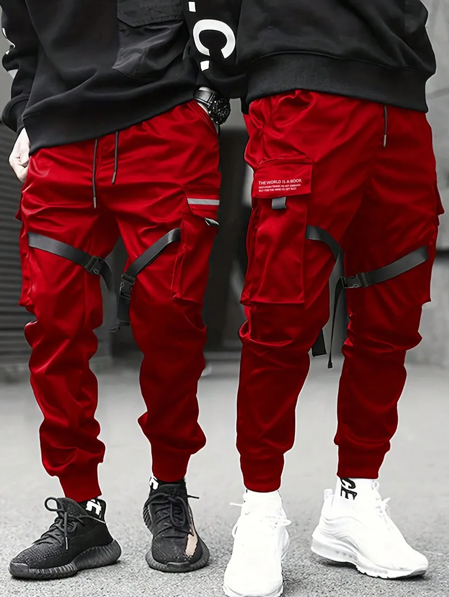 

Mens Cargo Pants With Multiple Pockets And Reflective Tape Decorative Fall Casual