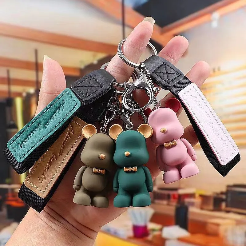 MINISO Cute Cartoon Bow Tie Bear Keychain Resin Bear Pendant For Women Men Bag Car Keyrings Jewelry Friend Couple Gifts