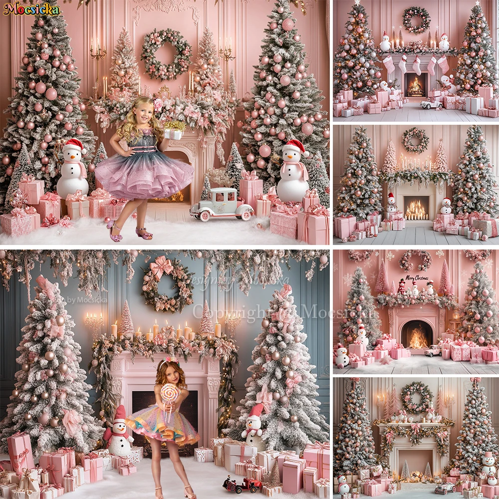 

Christmas Pink Fireplace Background Photography for Girls Birthday Xmas Tree Snowman Gift Room Backdrop Booth Kids Photo Studio