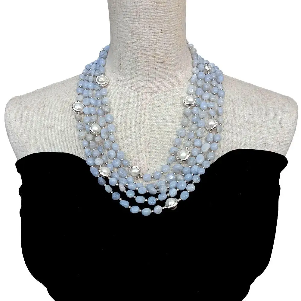 Y·YING 5 Strands Natural Blue Lace Agate Cultured White Pearl Necklace Jewelry Femme