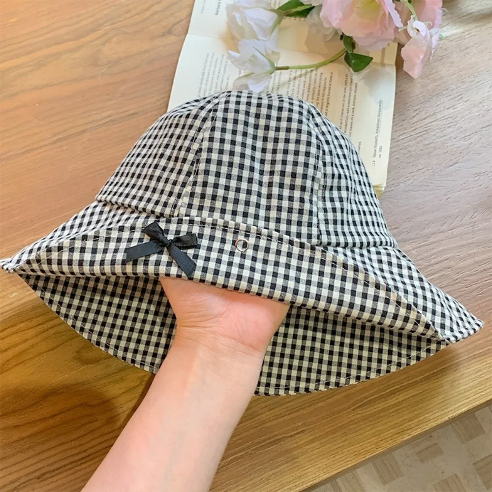 Fashion Black Bowknot Plaid Bucket Hat Gingham Check Casual Wide Brim Sun Hat Dome Basin Versatile Fisherman Hat Travel Outdoor