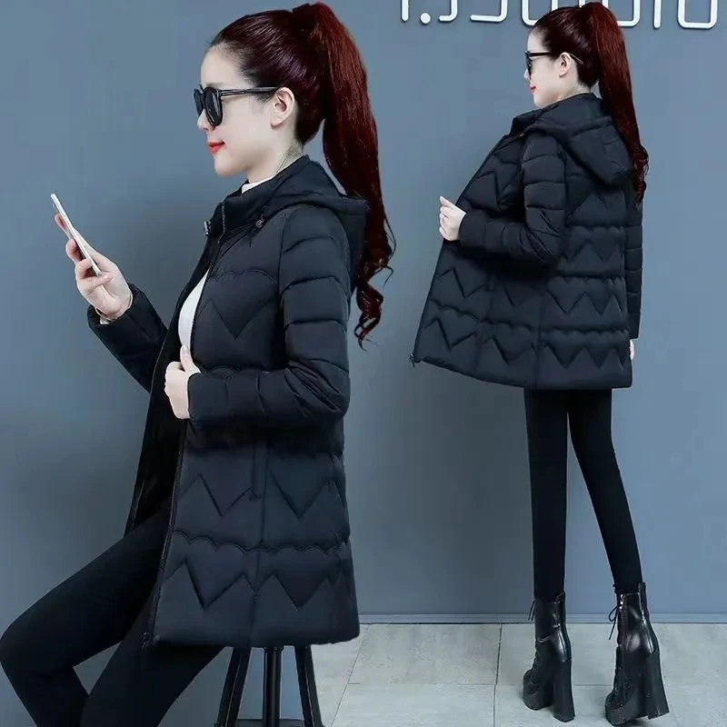 Women's Thin Down Cotton-Padded Jacket, Elegant Overcoat, Loose Warm, Detachable Hooded, Long Coat, 6XL, Autumn, Winter, 2023