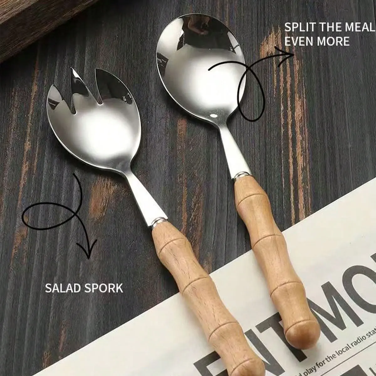 Stainless Steel Salad Mixing and Cooking Utensil Set, Commercial Rice Spoon, Creative Mini Wooden Handle Serving Fork and Spoon Combo, 2 Pieces