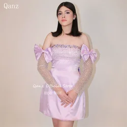 Qanz Luxury Crystal Birthday Dress Women Long Sleeves Mini Prom Party Gowns Short Lace Up Back Cocktail Dresses Customized