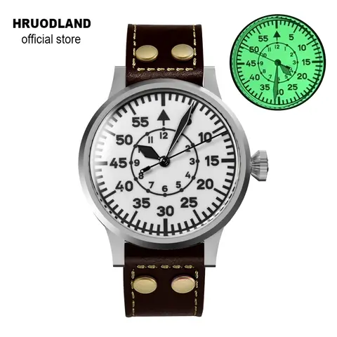Hruodland Retro Pilot Men's Automatic Mechanical Watch Luxury Sapphire Stainless Steel Leather Waterproof 10Bar Super Glow C3 re