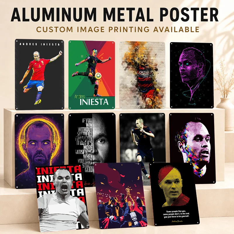 Andrés Iniesta Aluminum Posters Personalized Metal Tin Sign Bold Soccer Icon Wall Art For Game Room Bedroom And Football Fans