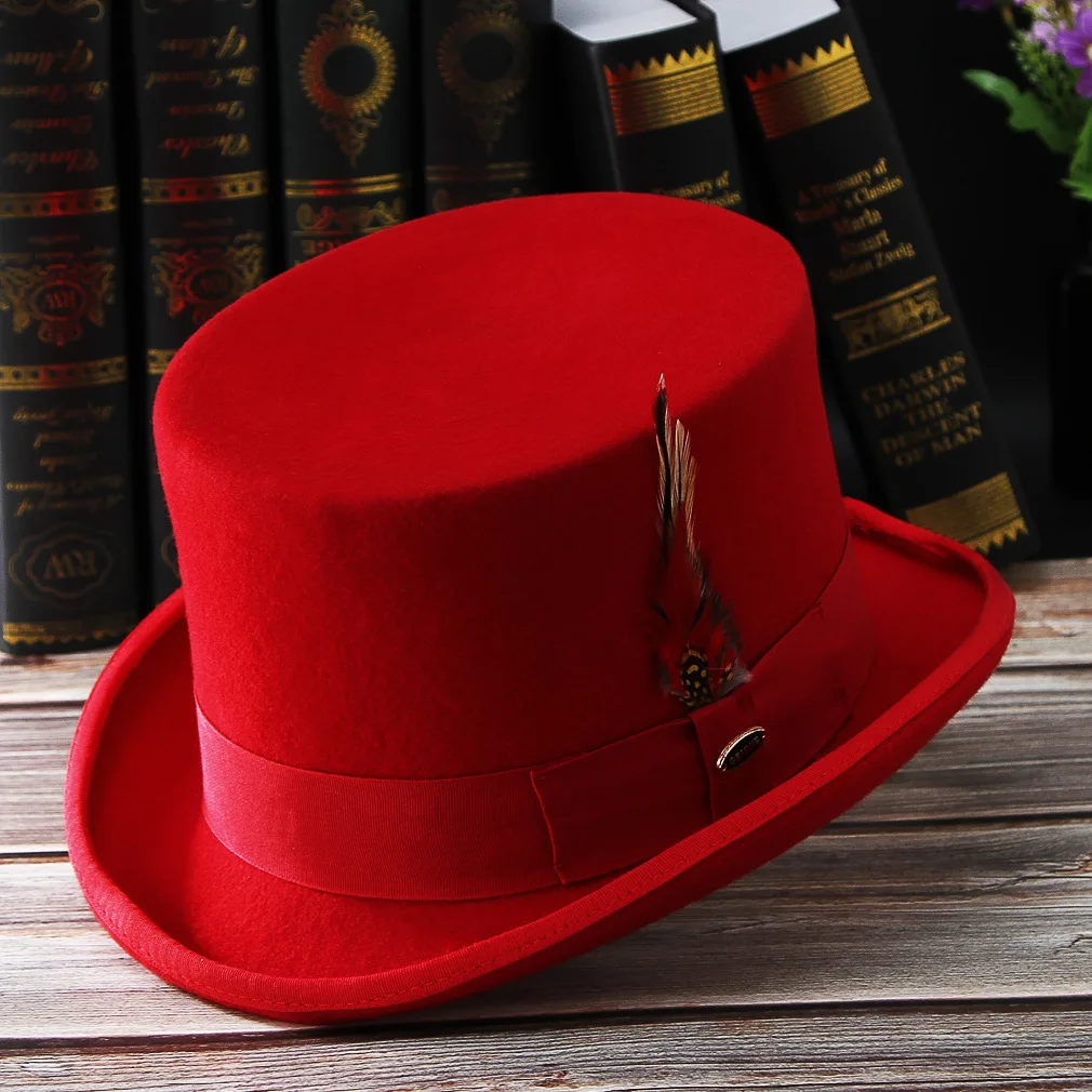 2023 Men Hat 100% Wool Fedora Hat Unisex Top Show Gentleman Bowler Hat Black Red Magic Hat Presidential Hat Feather Accessories