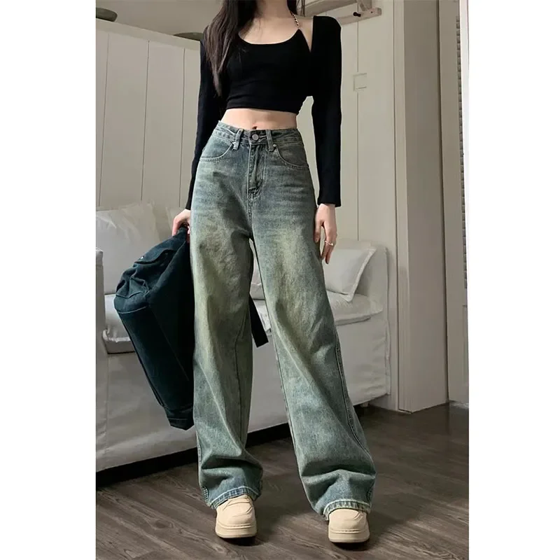 

Vintage 90S Baggy Straight Denim Trousers Female Y2K High Waist Loose Wide Leg Jeans Women Streetwear All-Match Casual Pants New