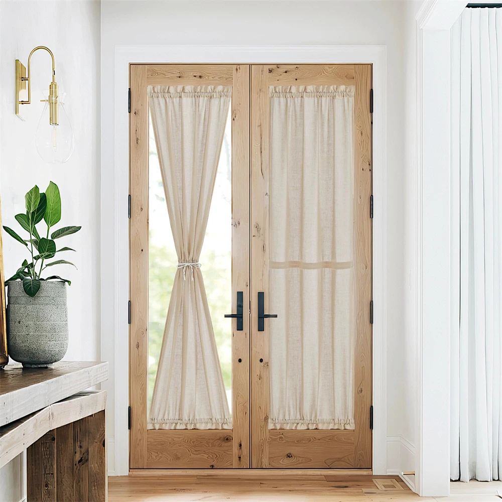 Linen Door Curtain for Farmhouse French Door Curtains Privacy Rod Pocket Front Door Sidelight Curtain with Drawstring Tieback