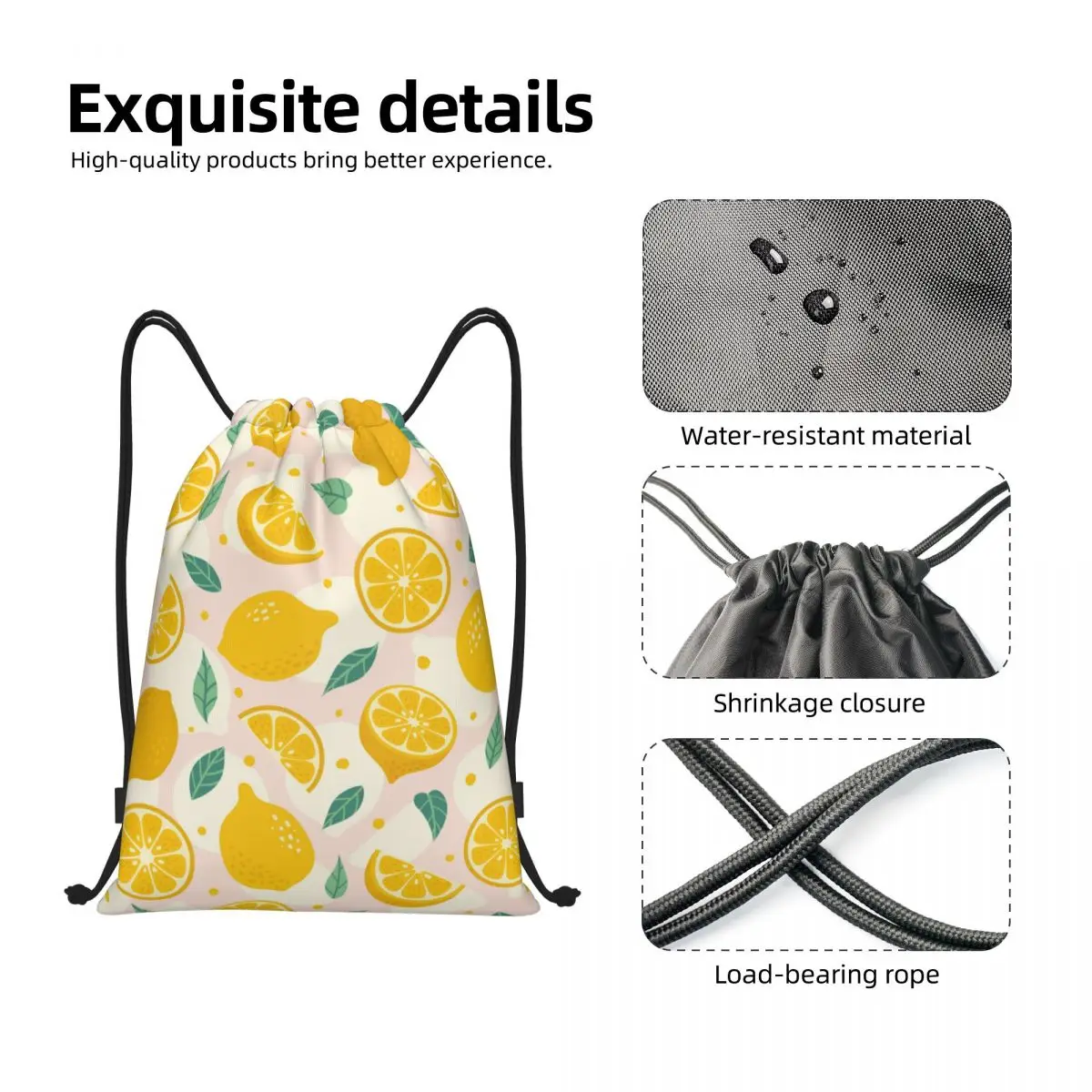 Summer Tropical Fruit Lemon Pattern Drawstring Bags Women Men Foldable Gym Sports Sackpack Shopping Storage Backpacks