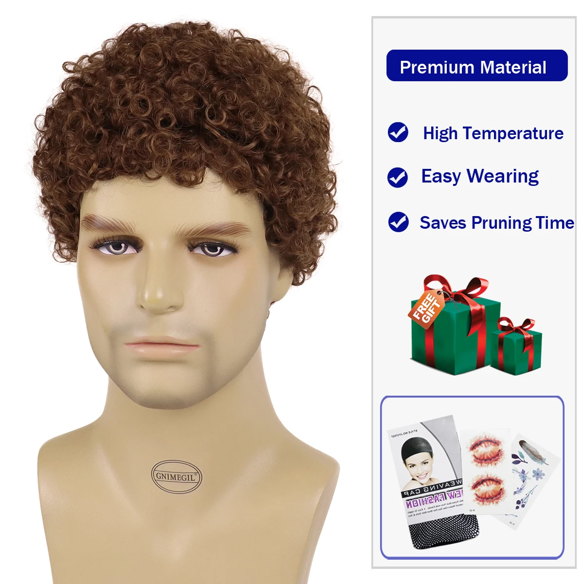 Brown Synthetic Short Afro Kinky Curly Wigs for Black Men Elastic Curls African Hairstyle Daily Cosplay Party Wig Man Male Hair
