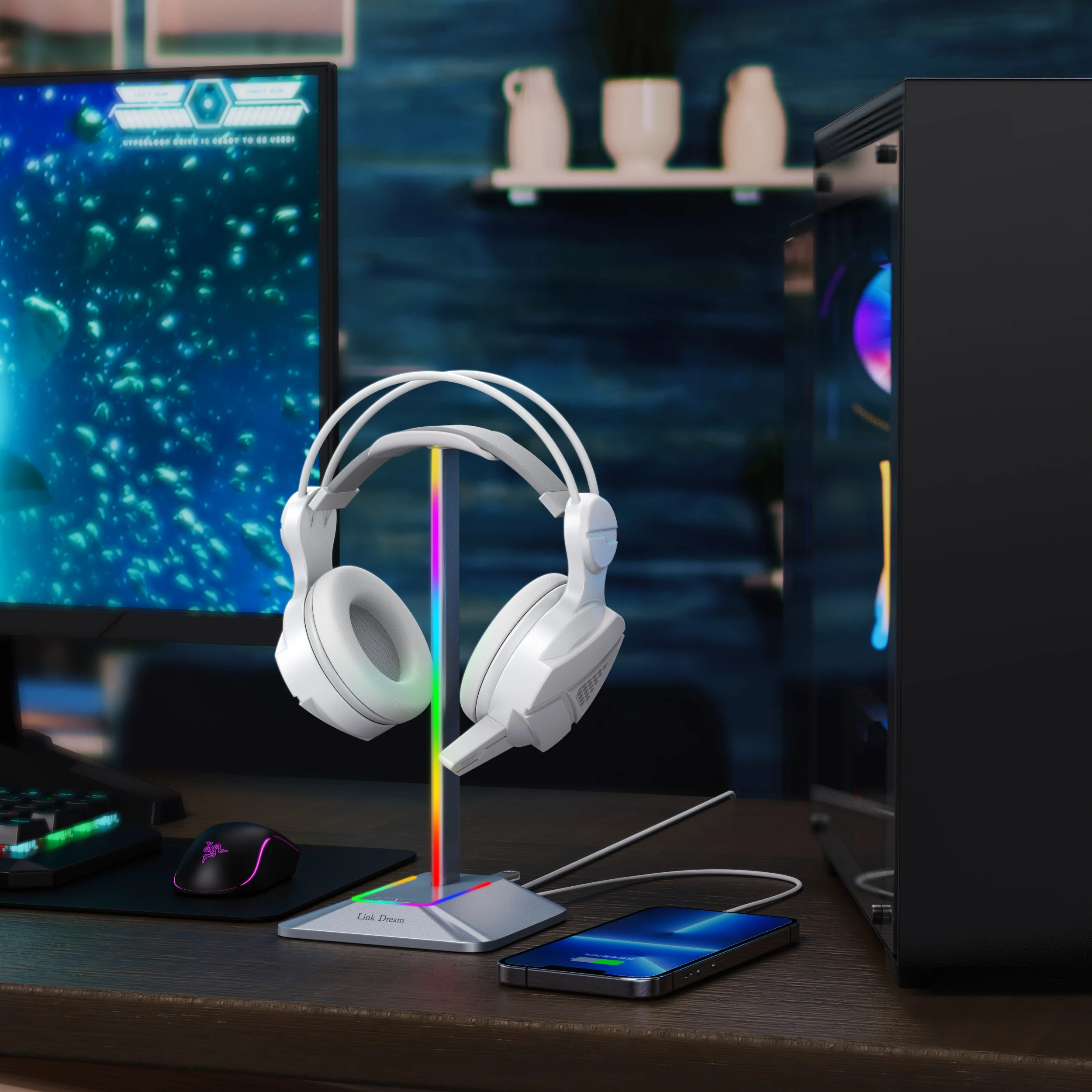 Link Traum RGB Kopfhörer Ständer mit Typ-c USB Ports Kopfhörer Halter Gaming Headsets Stand Kopfhörer Zubehör Aufhänger Silber