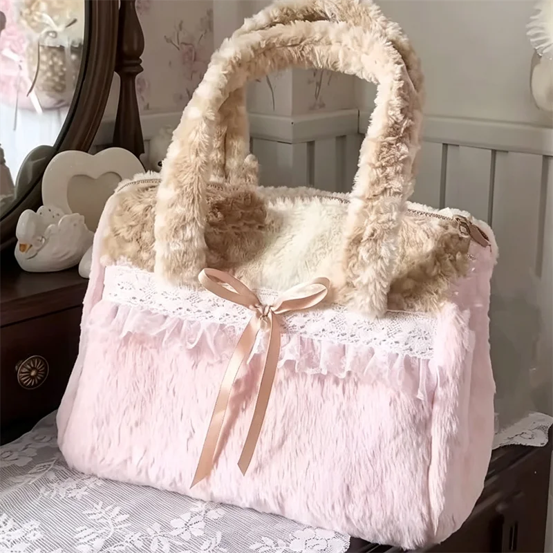 Y2k Ballett-Stil Plüsch-Handtasche, Damen-Handtasche mit Spitze, Spitzendetails, Hirschmuster, Schleife, Herbst-Winter, süße Handtasche mit großem Fassungsvermögen, Neu