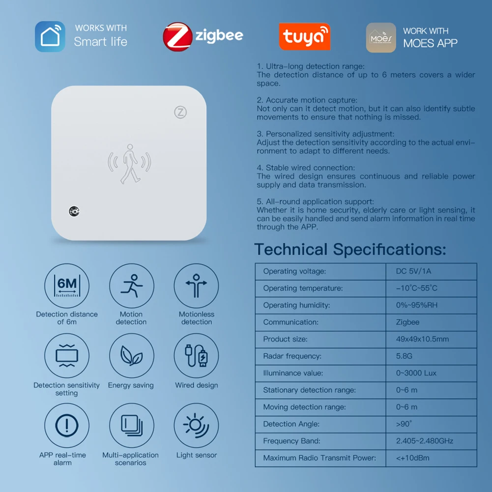 투야 와이파이 지그비 스마트 인체 감지 센서, 모션 MmWave 레이더 감지기, 조도 센서 포함, 스마트 홈 스마트 라이프 센서