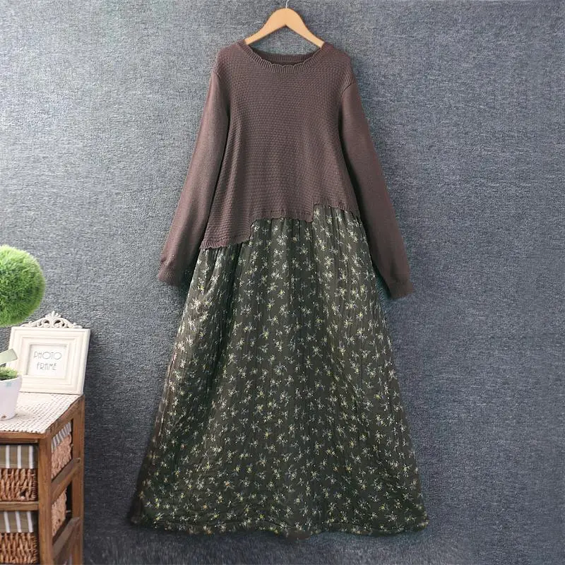 Autumn New Sweet Knitting Patchwork Floral Dress Women Round Neck Long Sleeve Midi Dress XYF1003