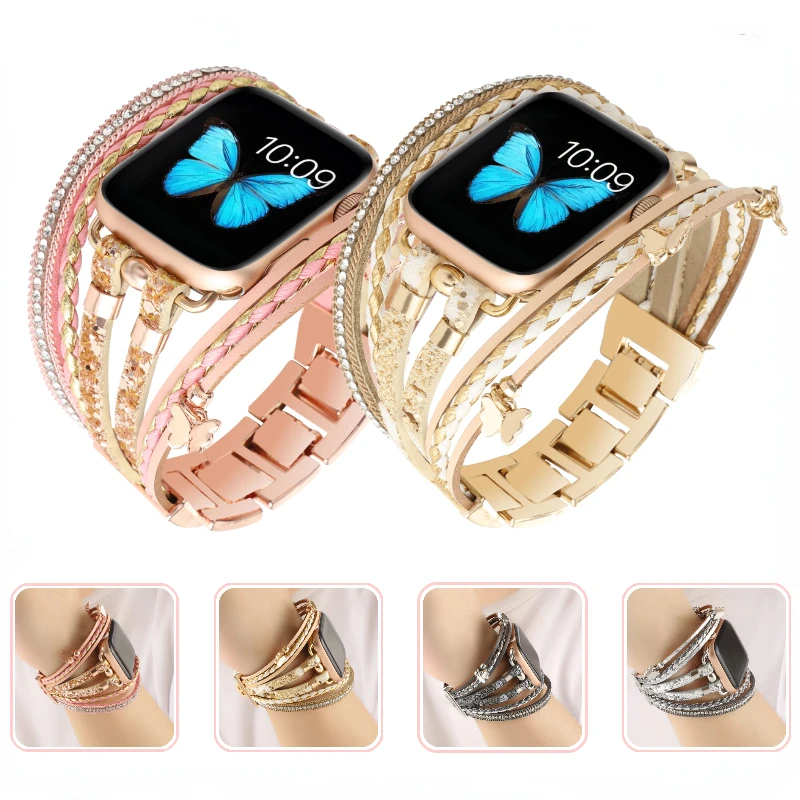 

Metal+Leather Strap for Apple Watch 9 8 7 45mm 41mm Ultra2 49mm Women Jewelry Wristband for Iwatch 6 5 4 3 SE44mm 42mm 40mm Belt