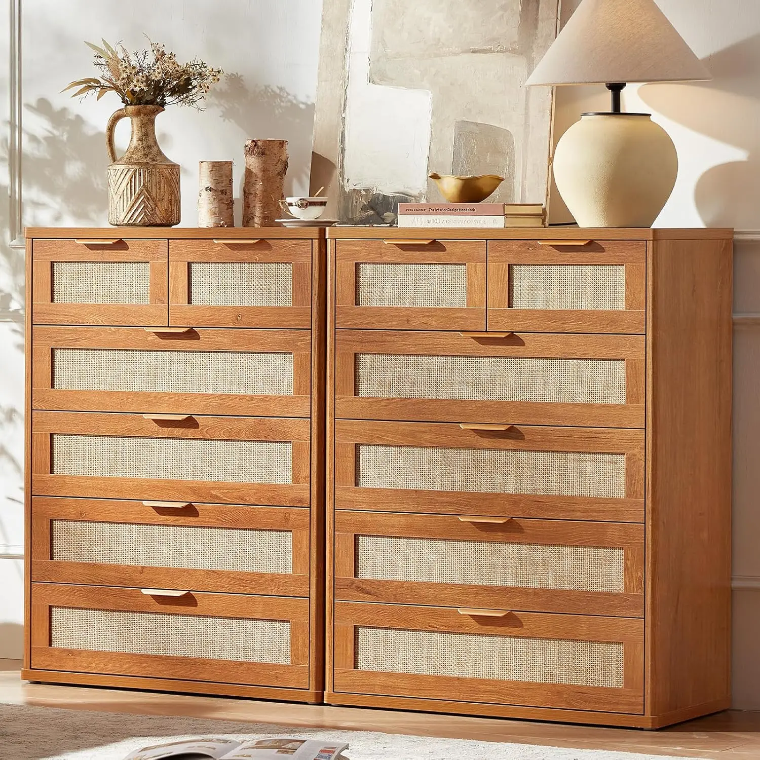 

Rattan Dresser for Bedroom Set of 2, 41" Tall Chest of Drawers, Modern 6 Drawers Boho Dressers with Storage,, Customized