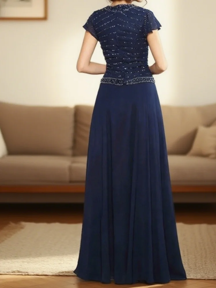 

Short Sleeve Wedding Party Dresses with Beading New Robe Beach Chiffon Mother of Bride Dresses for Women