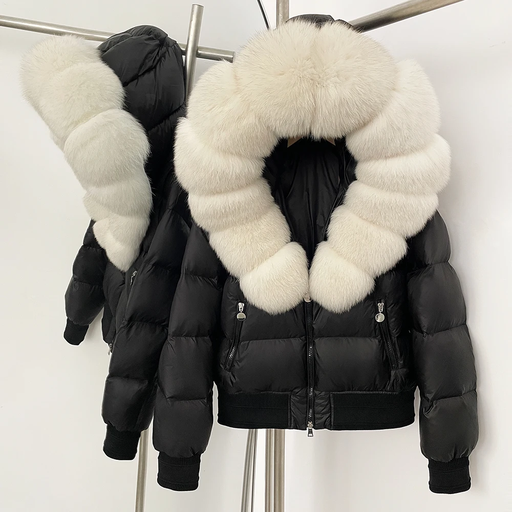 Reality Fur Jacket Hooded White Duck Down Coat Warm Puffer Jacket Women New Winter Real Fox Fur Collar Thick Natural Fur Fluffy