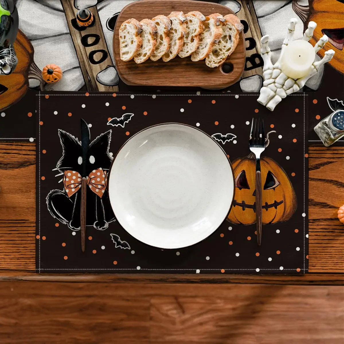 Halloween Placemats Black Polka Dot Background Black Cat Ghost BOO Pumpkin Bat Print Heat‑Resistant Linen Table Mats for Holiday