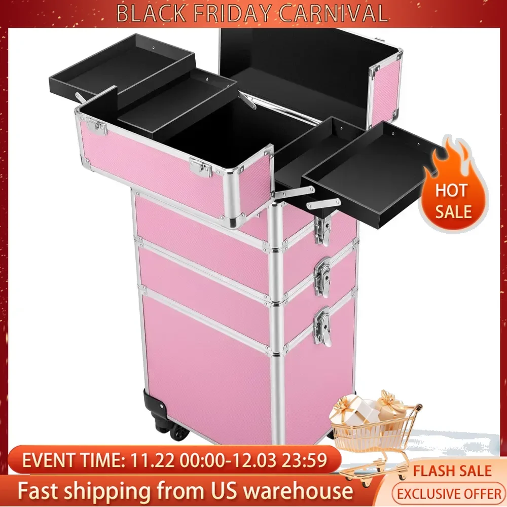 4 in 1 Makeup Rolling Train Case Aluminum Trolley Professional Cosmetic Organizer Box with Shoulder Straps 2 Keys Makeup Case