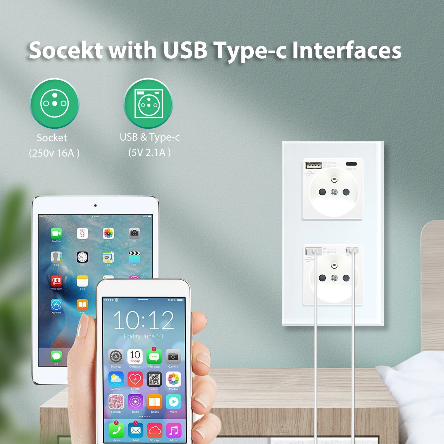 BSEED الفرنسية القياسية جدار واحد مآخذ الطاقة مزدوج فرنسا USB نوع-C ميناء المخرج الكريستال والزجاج لوحة حماية الأطفال 16A