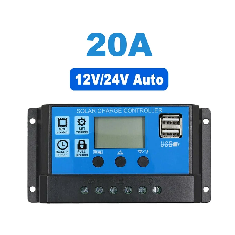 PWM 20A 12/24V Regulator Solar Charge Controller Solar Panel LCD Dual USB