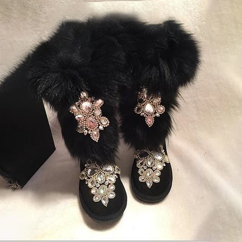 Lady Boots New Fur Fox Fur Luxury Heavy Rhinestone Crystal Decorations Frosted Cowhide Snow Boot Winter Warm Cotton Shoes