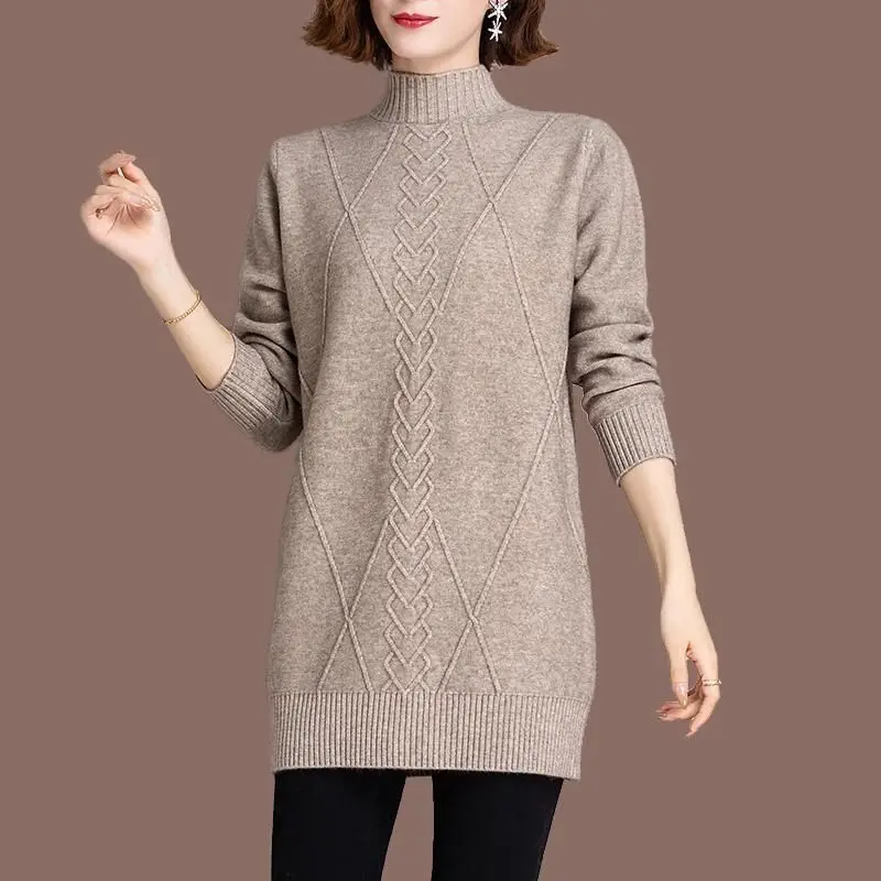 Mid Length Autumn and Winter Women\'s 2024 Pullover with Half High Collar Screw Thread Solid Color Knitted Long Sleeved Sweater