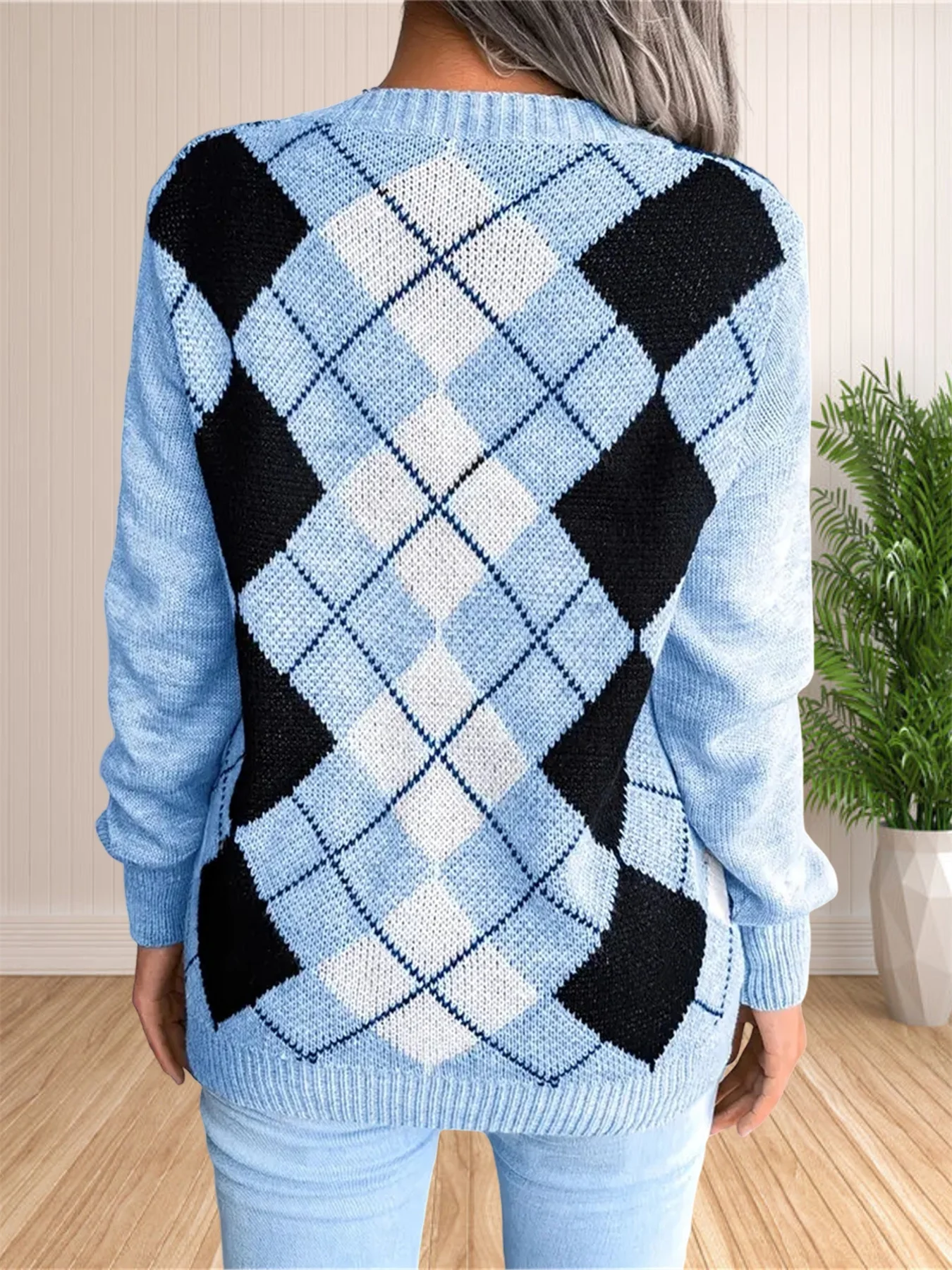 College Style Rhombus Sweater Women Elegant V Neck Pullover Jumpers Female Autumn Winter Casual Loose Knitwear Trend Streetwear