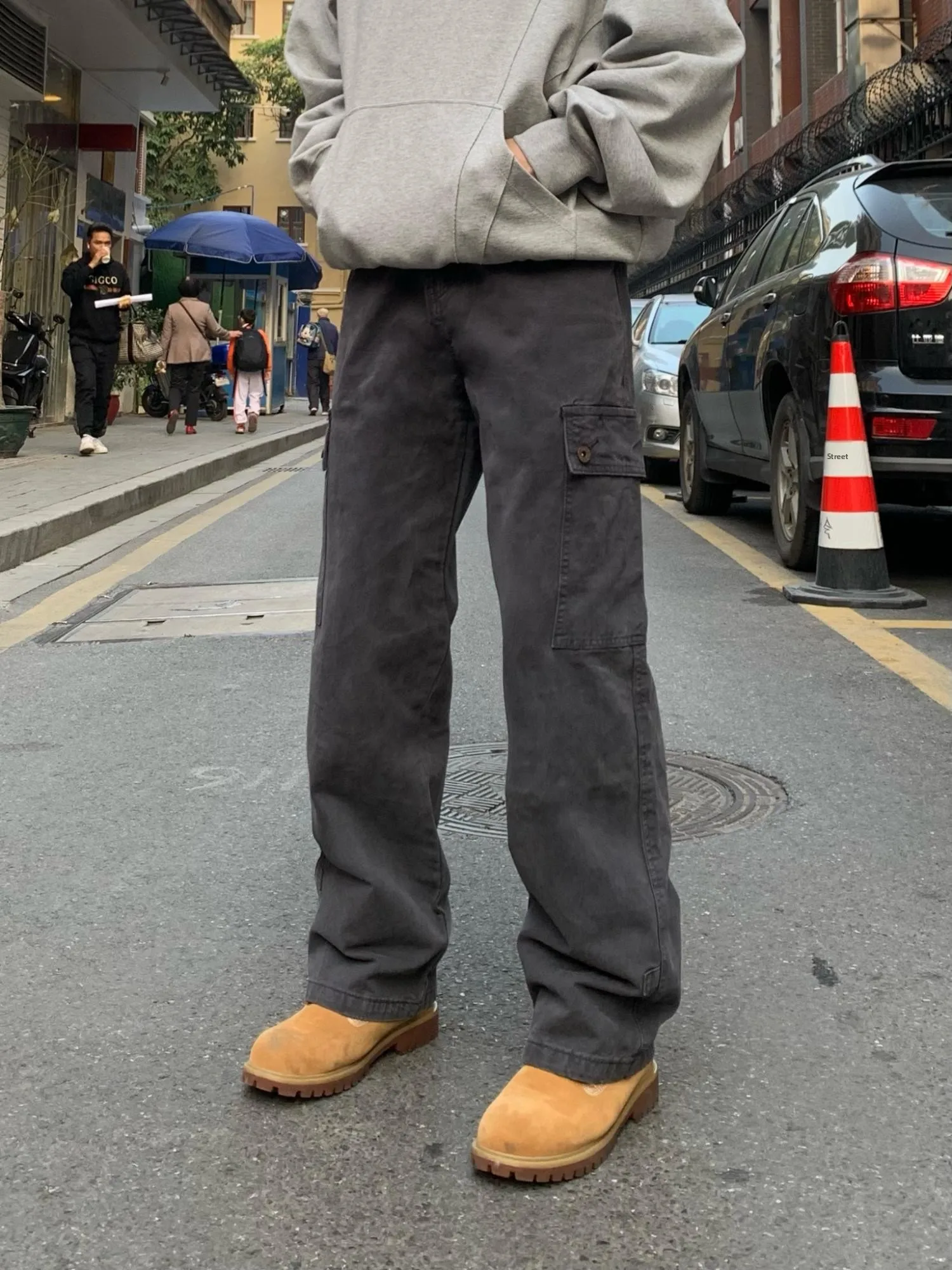 

Retro American High Street Vintage Washed Loose Straight Leg Pocket Work Trousers Commuter Jeans Men's Casual Straight Fit Jeans