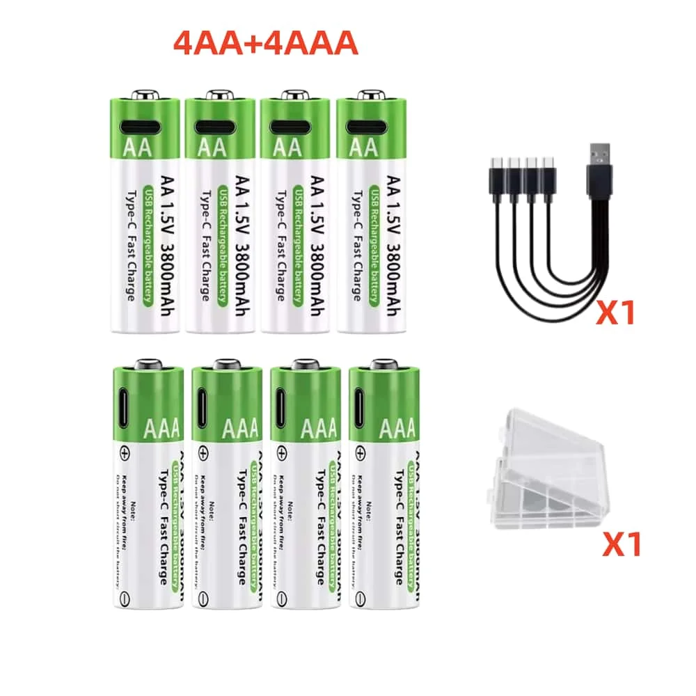 Typ-C-Schnellladung, 1,5 V, 3000/3800 mAh, AA, AAA, wiederaufladbare Li-Ionen-Batterien für Fernbedienung, Maus, Spielzeug, Game-Controller