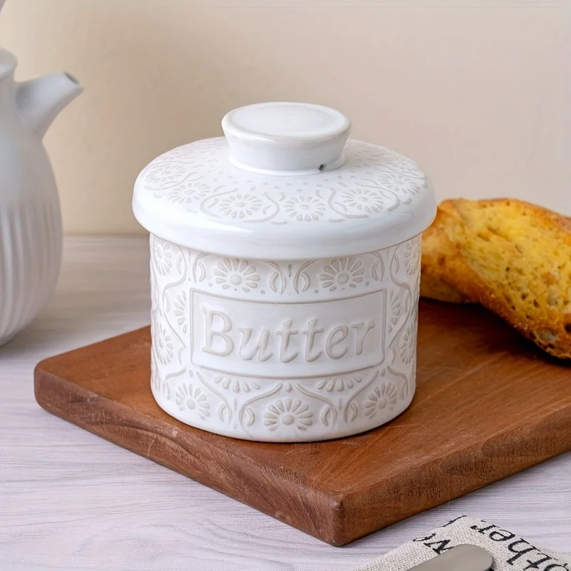 

1pc retro white glaze butter jar with lid, home relief ceramic butter jar, cheese storage jar, Halloween festival gift