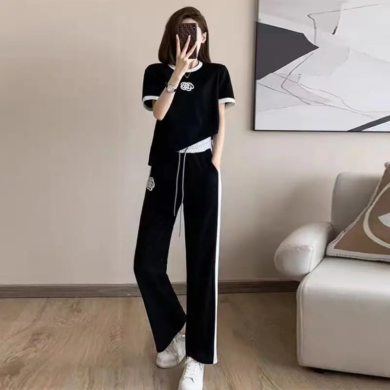 European and American style summer new fashionable color blocked short sleeved top+casual wide leg pants two-piece set