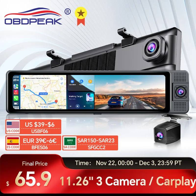 3 Cameras Dash Cam Carplay Android Auto 2.5k 2560*1440P Rearview Mirror Video Recording WIFI Loop Record Gps Navigation Car DVR