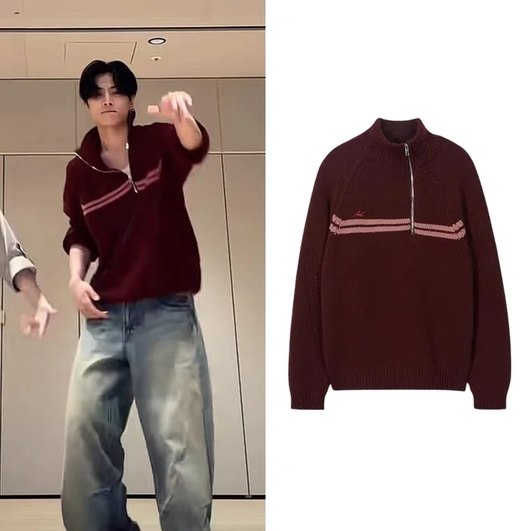 

Свободный асимметричный свитер с воротником на молнии в полоску, удобный, с длинными рукавами, женский трикотаж, повседневный свободный крой, дизайн с звездами и полосками