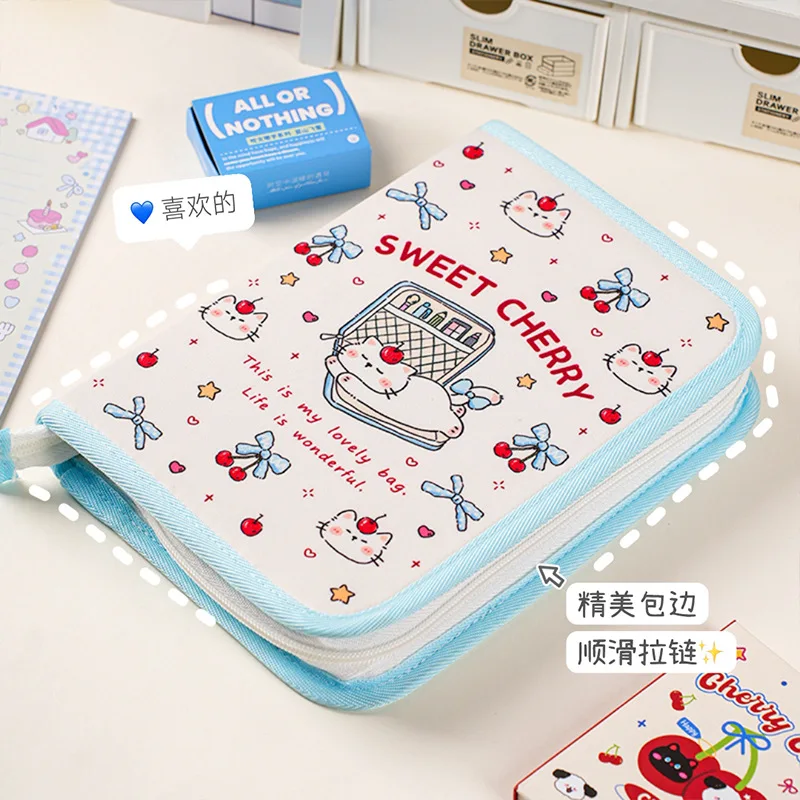 Cute Cartoon Cat Zippered PouchThick Border Expanded Stationery Holder Wide Capacity with Gliding Zipper Makeup Brush Storage
